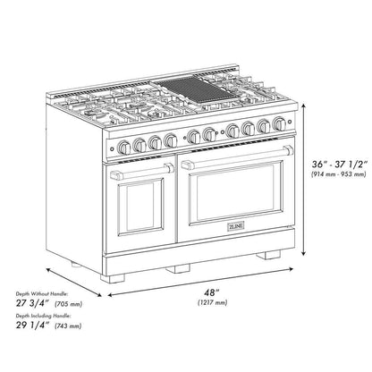 ZLINE 48" Select Gas Range Convection Gas Oven DuraSnow® Stainless Steel Black Matte Door HGRS-BLM-48