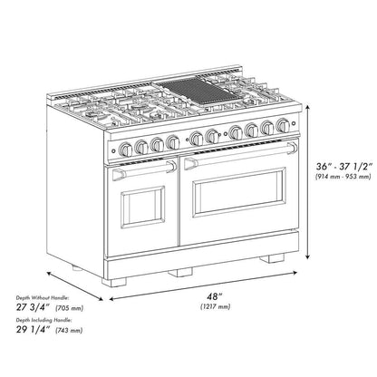 ZLINE 48" Dual Fuel Range, Gas Cooktop, Electric Convection Oven DuraSnow® Stainless Steel, Matte Black CDRSZ-48-MB