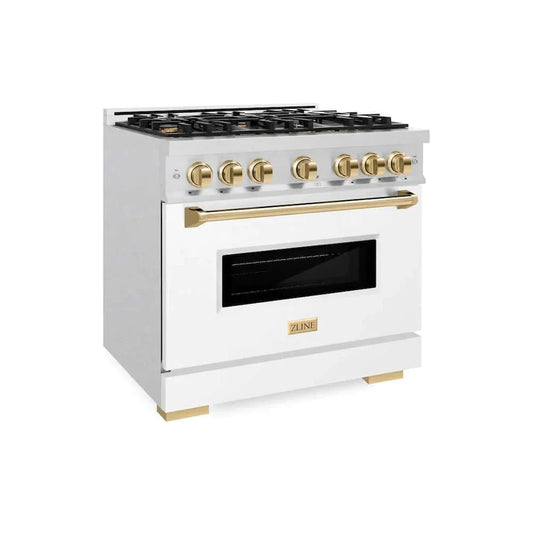 ZLINE 36"Classic Gas Range, Convection Gas Oven, DuraSnow® Stainless Steel, White Matte Door Polished Gold CGRSZ-WM-36-G