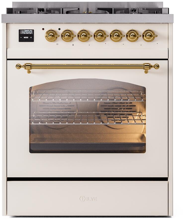 ILVE Nostalgie II 30" Dual Fuel Liquid Propane Range, Antique White, Brass Trim UP30NMPAWGLP
