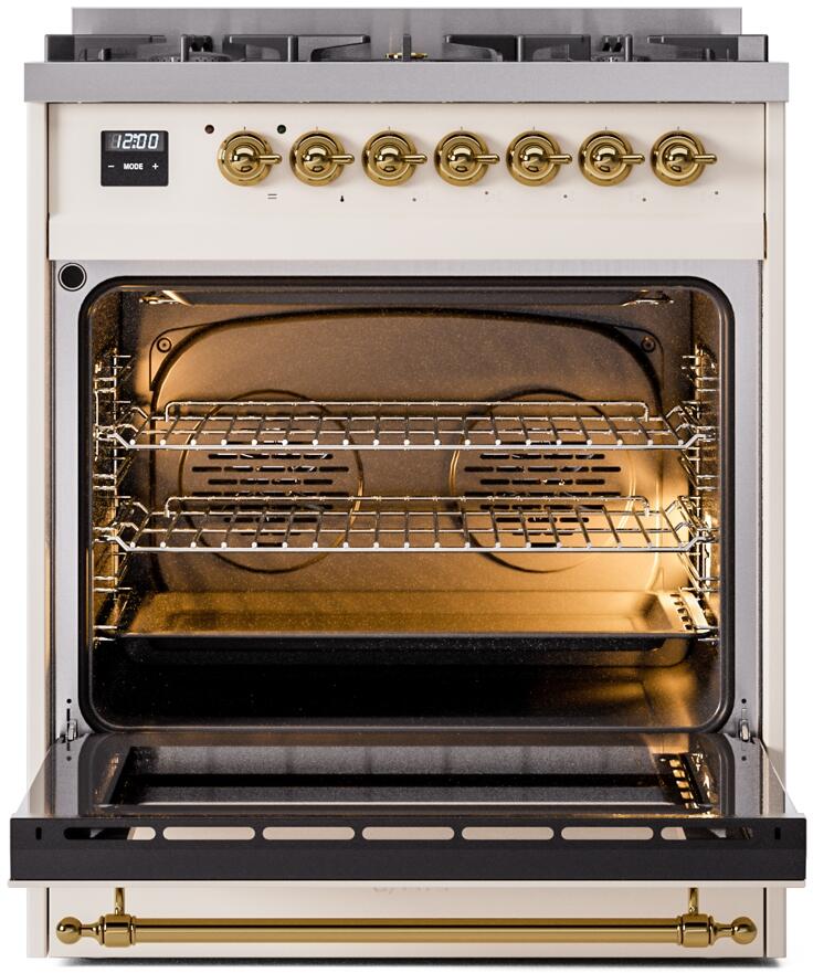 ILVE Nostalgie II 30" Dual Fuel Liquid Propane Range, Antique White, Brass Trim UP30NMPAWGLP