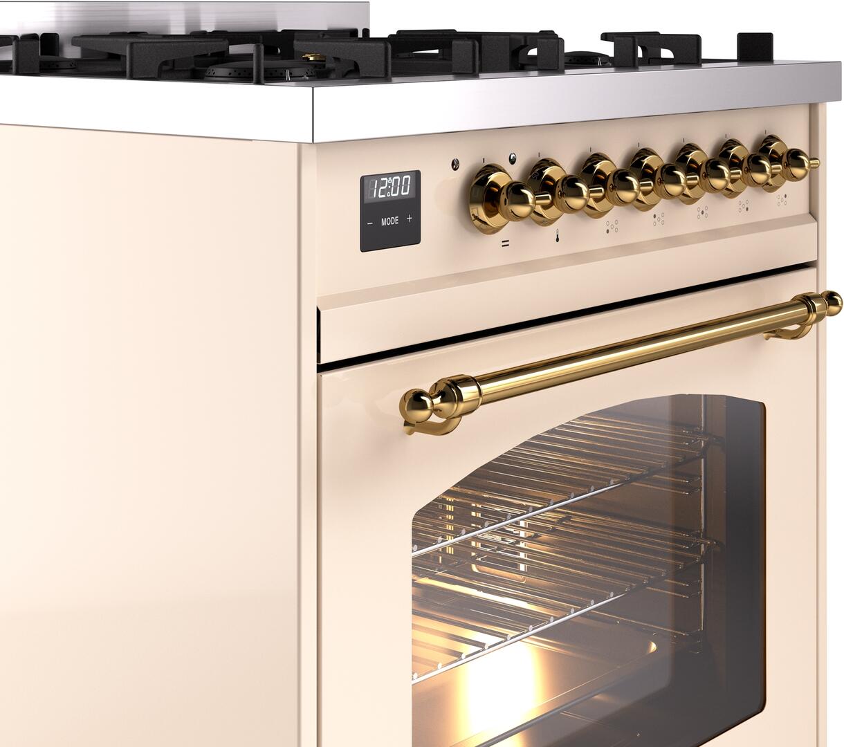 ILVE Nostalgie II 30" Dual Fuel Liquid Propane Range, Antique White, Brass Trim UP30NMPAWGLP
