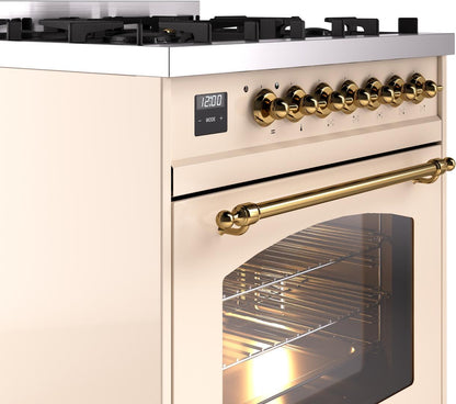 ILVE Nostalgie II 30" Dual Fuel Liquid Propane Range, Antique White, Brass Trim UP30NMPAWGLP