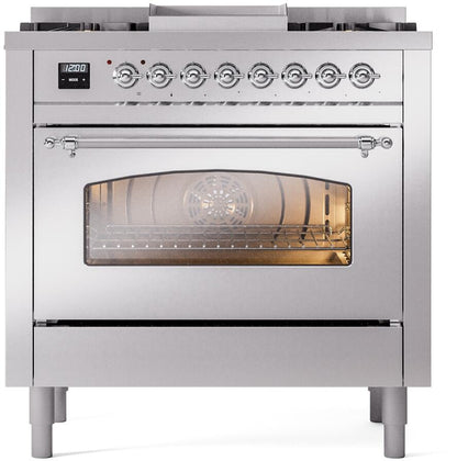 ILVE Nostalgie II 36" Dual Fuel Liquid Propane Range, Stainless Steel, Chrome Trim UP36FNMPSSCLP