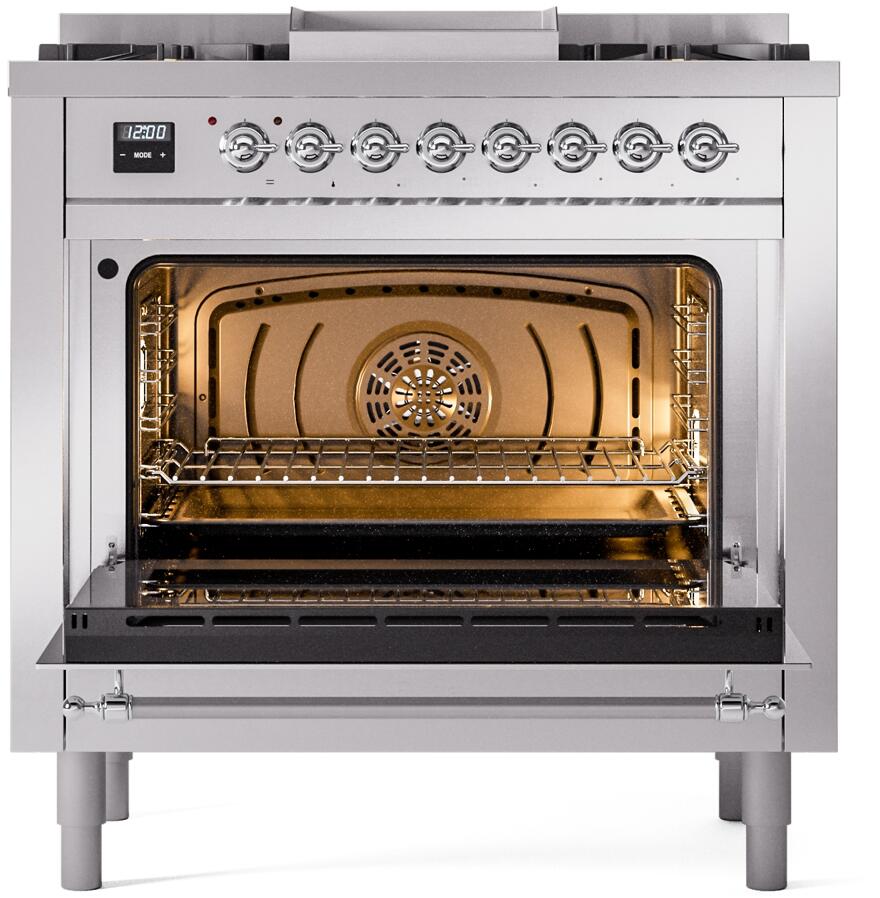 ILVE Nostalgie II 36" Dual Fuel Liquid Propane Range, Stainless Steel, Chrome Trim UP36FNMPSSCLP