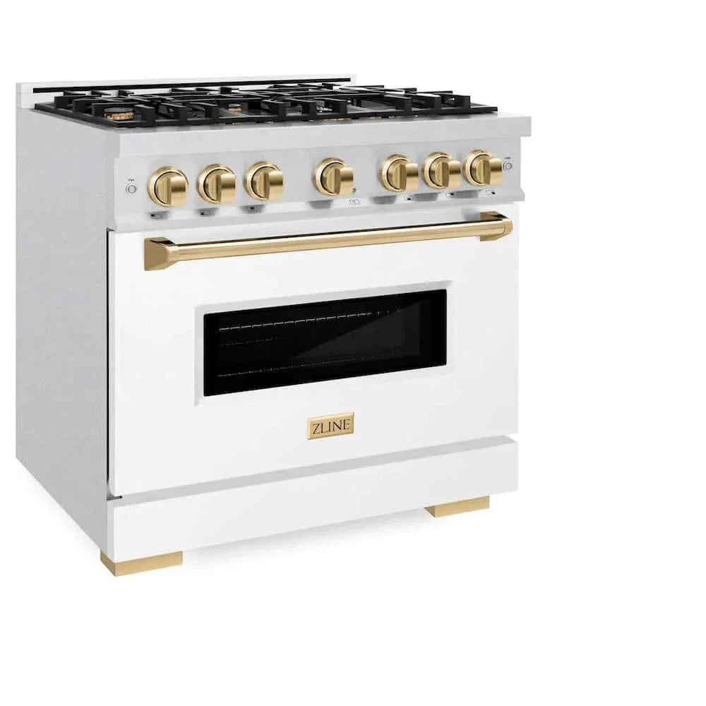 ZLINE 36"Classic Gas Range, Convection Gas Oven, DuraSnow® Stainless Steel, White Matte Door Polished Gold CGRSZ-WM-36-G