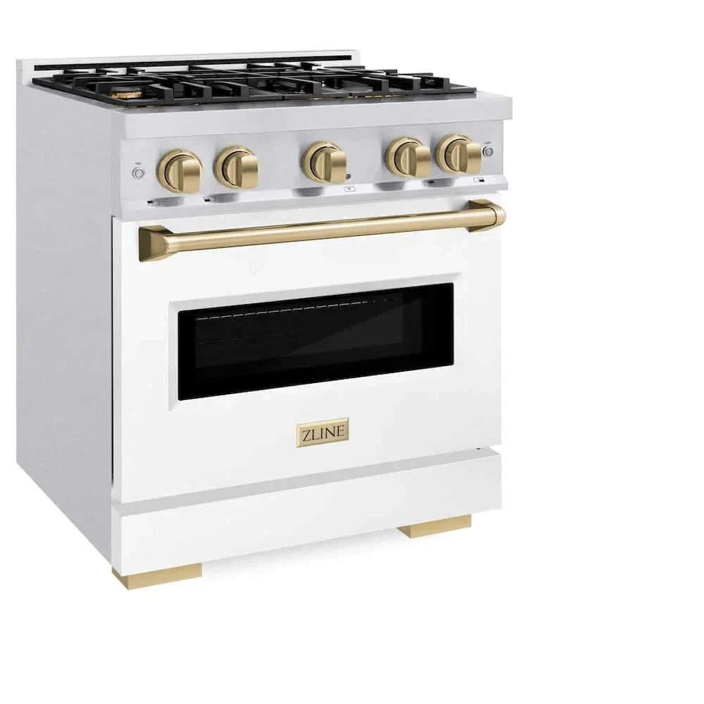 ZLINE 30"Classic Gas Range, Convection Gas Oven, DuraSnow® Stainless Steel, White Matte Door Champagne Bronze CGRSZ-WM-30-CB
