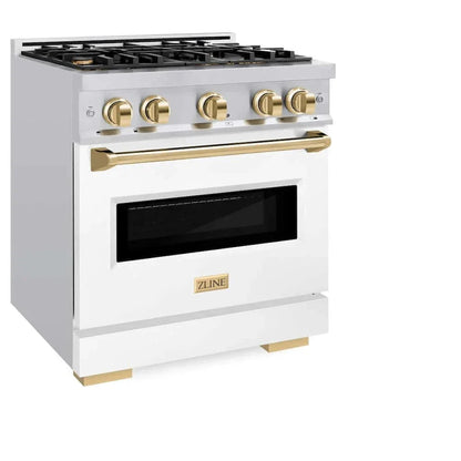 ZLINE 30"Classic Gas Range, Convection Gas Oven, DuraSnow® Stainless Steel, White Matte Door Polished Gold CGRSZ-WM-30-G