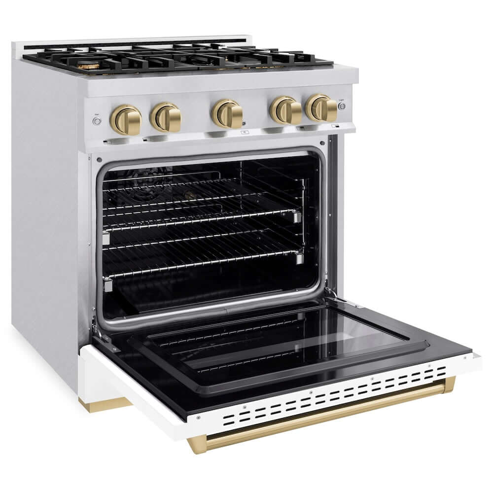 ZLINE 30"Classic Gas Range, Convection Gas Oven, DuraSnow® Stainless Steel, White Matte Door Champagne Bronze CGRSZ-WM-30-CB