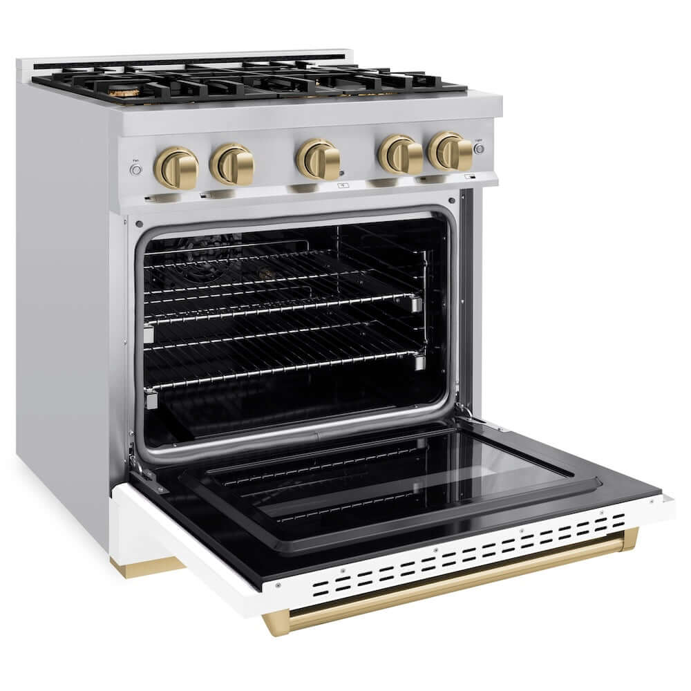 ZLINE 30" Dual Fuel Range, Gas Cooktop, Electric Convection Oven Stainless Steel, White Matte Polished Gold CDRZ-WM-30-G