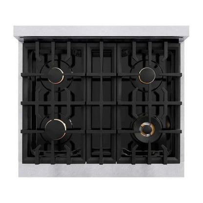 ZLINE 30" Dual Fuel Range, Gas Cooktop, Electric Convection Oven DuraSnow® Stainless Steel, White Matte Door, Champagne Bronze CDRSZ-WM-30-CB