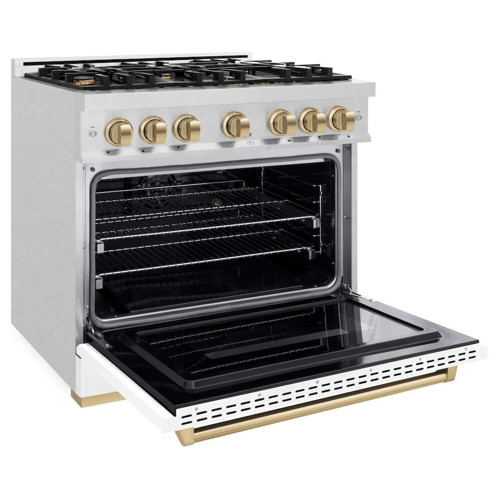 ZLINE 36"Classic Gas Range, Convection Gas Oven, DuraSnow® Stainless Steel, White Matte Door Champagne Bronze CGRSZ-WM-36-CB