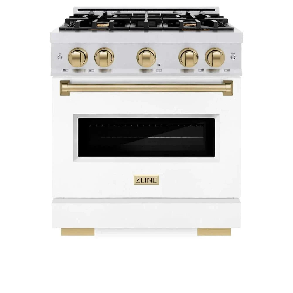 ZLINE 30"Classic Gas Range, Convection Gas Oven, DuraSnow® Stainless Steel, White Matte Door Champagne Bronze CGRSZ-WM-30-CB