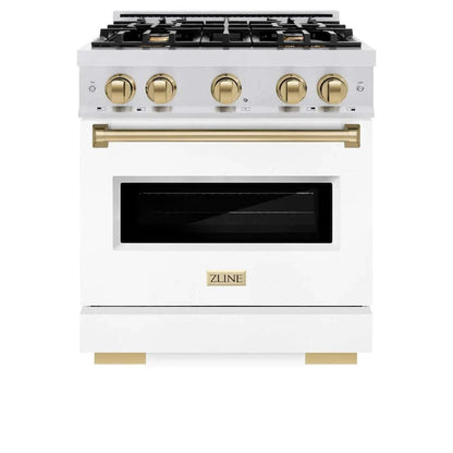 ZLINE 30"Classic Gas Range, Convection Gas Oven, DuraSnow® Stainless Steel, White Matte Door Champagne Bronze CGRSZ-WM-30-CB