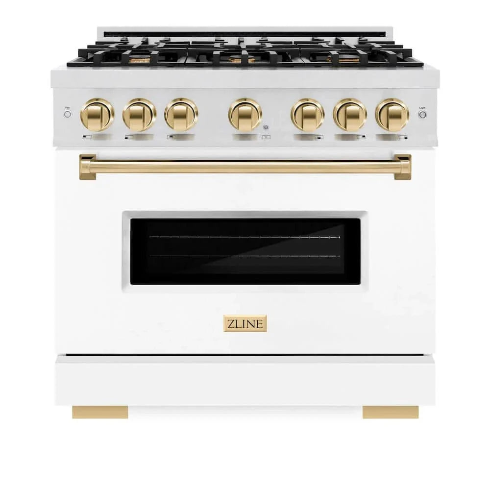 ZLINE 36"Classic Gas Range, Convection Gas Oven, DuraSnow® Stainless Steel, White Matte Door Polished Gold CGRSZ-WM-36-G
