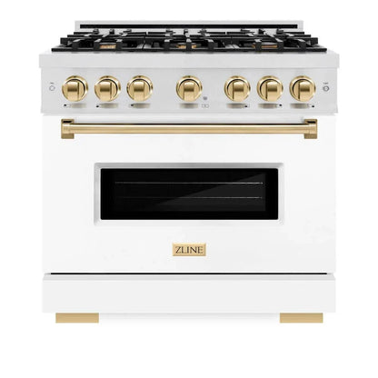ZLINE 36"Classic Gas Range, Convection Gas Oven, DuraSnow® Stainless Steel, White Matte Door Polished Gold CGRSZ-WM-36-G