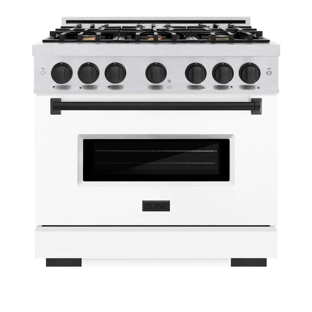 ZLINE 36"Classic Gas Range, Convection Gas Oven, DuraSnow® Stainless Steel, White Matte Door Matte Black CGRSZ-WM-36-MB