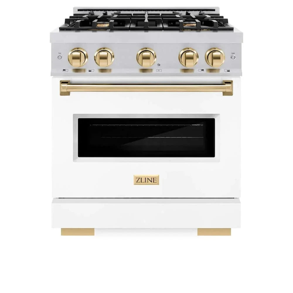 ZLINE 30"Classic Gas Range, Convection Gas Oven, DuraSnow® Stainless Steel, White Matte Door Polished Gold CGRSZ-WM-30-G