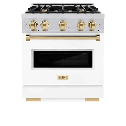 ZLINE 30" Dual Fuel Range, Gas Cooktop, Electric Convection Oven Stainless Steel, White Matte Polished Gold CDRZ-WM-30-G