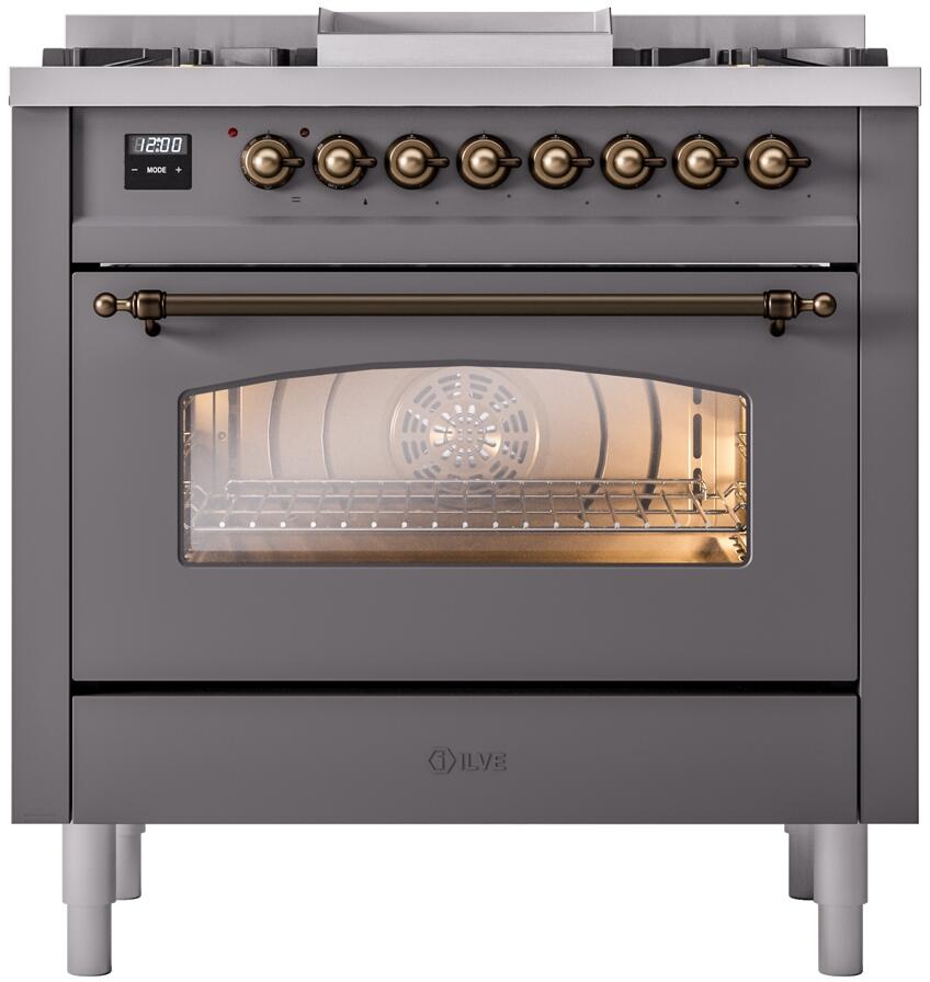 ILVE Nostalgie II 36" Dual Fuel Liquid Propane Range, Matte Graphite, Bronze Trim UP36FNMPMGBLP