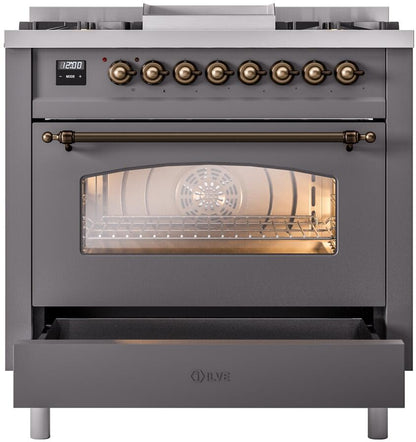 ILVE Nostalgie II 36" Dual Fuel Liquid Propane Range, Matte Graphite, Bronze Trim UP36FNMPMGBLP