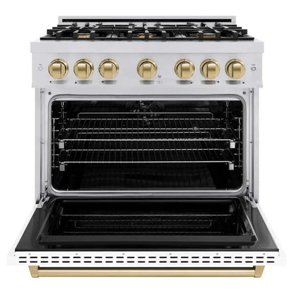 ZLINE 36" Dual Fuel Range, Gas Cooktop, Electric Convection Oven Stainless Steel, Matte White Door Polished Gold CDRZ-WM-36-G