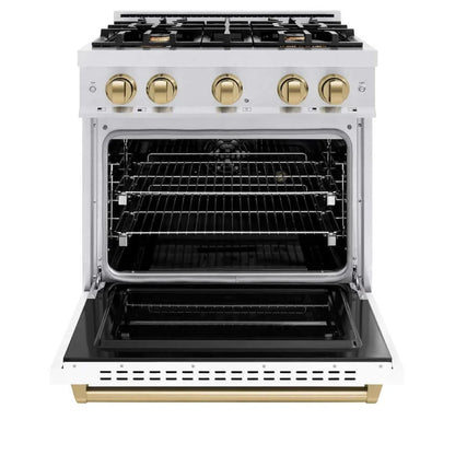 ZLINE 30" Dual Fuel Range, Gas Cooktop, Electric Convection Oven DuraSnow® Stainless Steel, White Matte Door, Champagne Bronze CDRSZ-WM-30-CB
