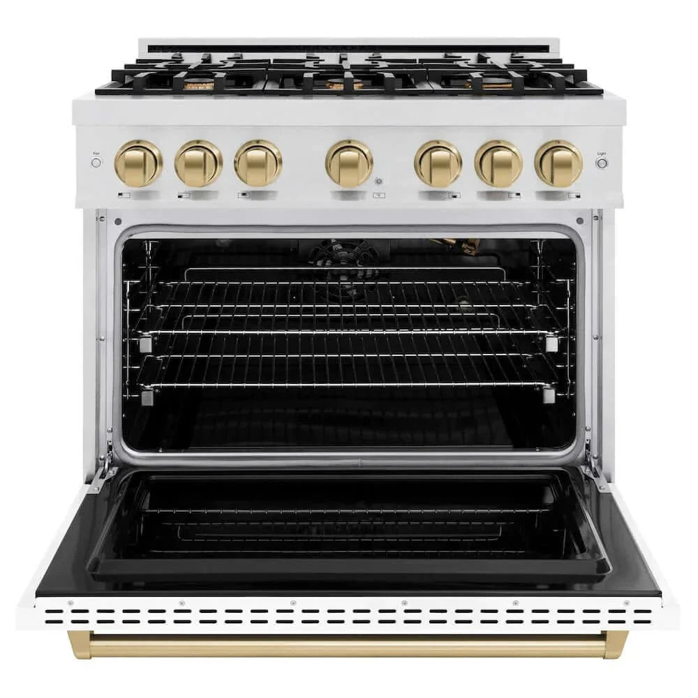 ZLINE 36"Classic Gas Range, Convection Gas Oven, DuraSnow® Stainless Steel, White Matte Door Champagne Bronze CGRSZ-WM-36-CB
