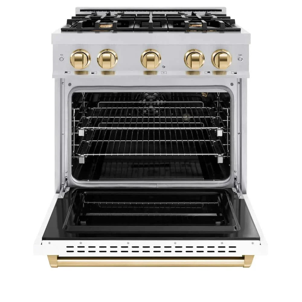 ZLINE 30"Classic Gas Range, Convection Gas Oven, DuraSnow® Stainless Steel, White Matte Door Polished Gold CGRSZ-WM-30-G