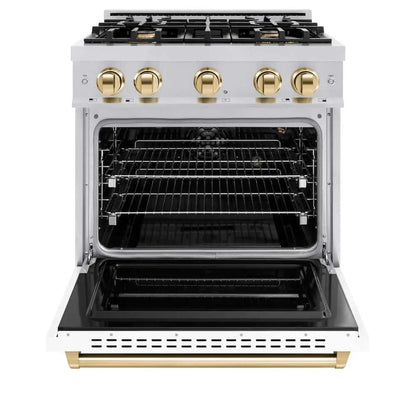 ZLINE 30"Classic Gas Range, Convection Gas Oven, DuraSnow® Stainless Steel, White Matte Door Polished Gold CGRSZ-WM-30-G