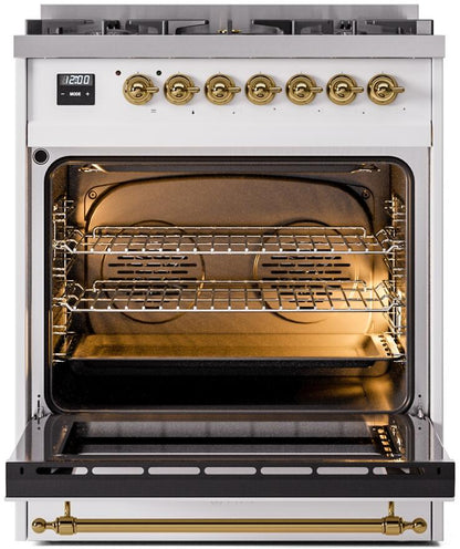 ILVE Nostalgie II 30" Dual Fuel Liquid Propane Range, White, Brass Trim UP30NMPWHGLP