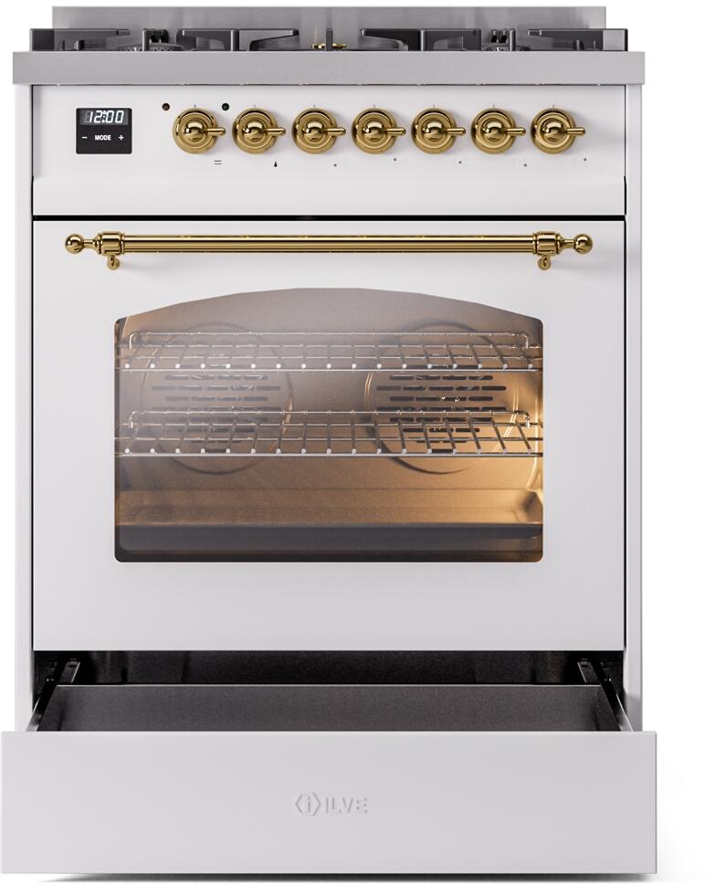 ILVE Nostalgie II 30" Dual Fuel Liquid Propane Range, White, Brass Trim UP30NMPWHGLP