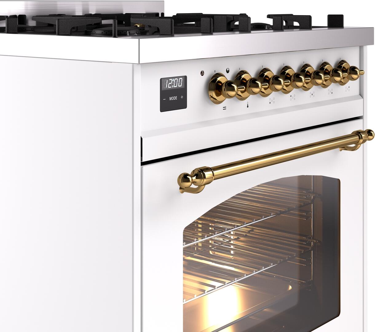 ILVE Nostalgie II 30" Dual Fuel Liquid Propane Range, White, Brass Trim UP30NMPWHGLP
