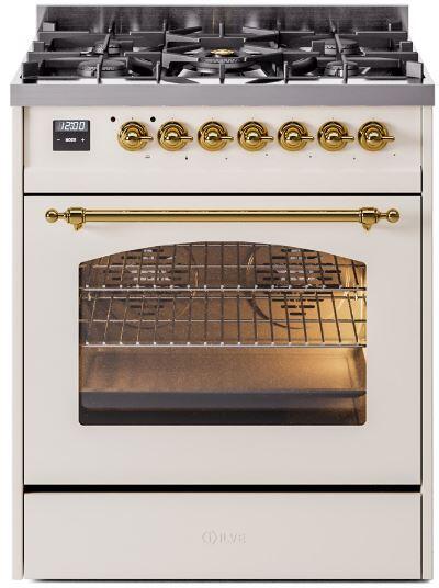 ILVE Nostalgie II 30" Dual Fuel Liquid Propane Range, Antique White, Brass Trim UP30NMPAWGLP