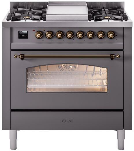 ILVE Nostalgie II 36" Dual Fuel Liquid Propane Range, Matte Graphite, Bronze Trim UP36FNMPMGBLP