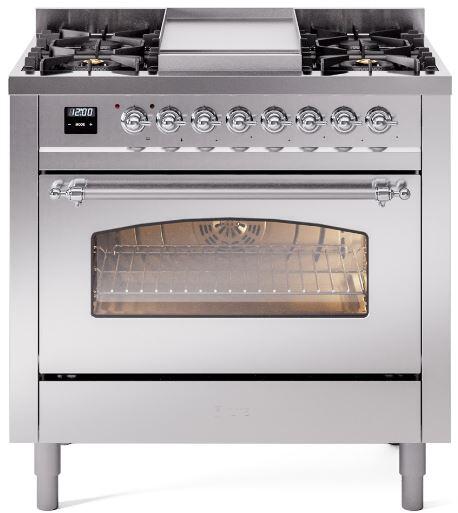 ILVE Nostalgie II 36" Dual Fuel Liquid Propane Range, Stainless Steel, Chrome Trim UP36FNMPSSCLP