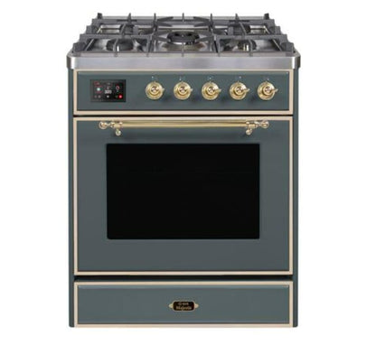 ILVE Majestic II 30" Dual Fuel, Natural Gas Range, Blue Grey, Brass Trim UM30DNE3BGG