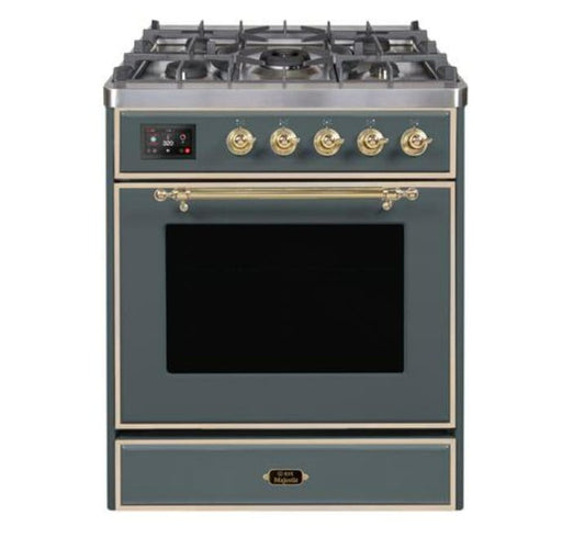 ILVE Majestic II 30" Dual Fuel, Natural Gas Range, Blue Grey, Brass Trim UM30DNE3BGG