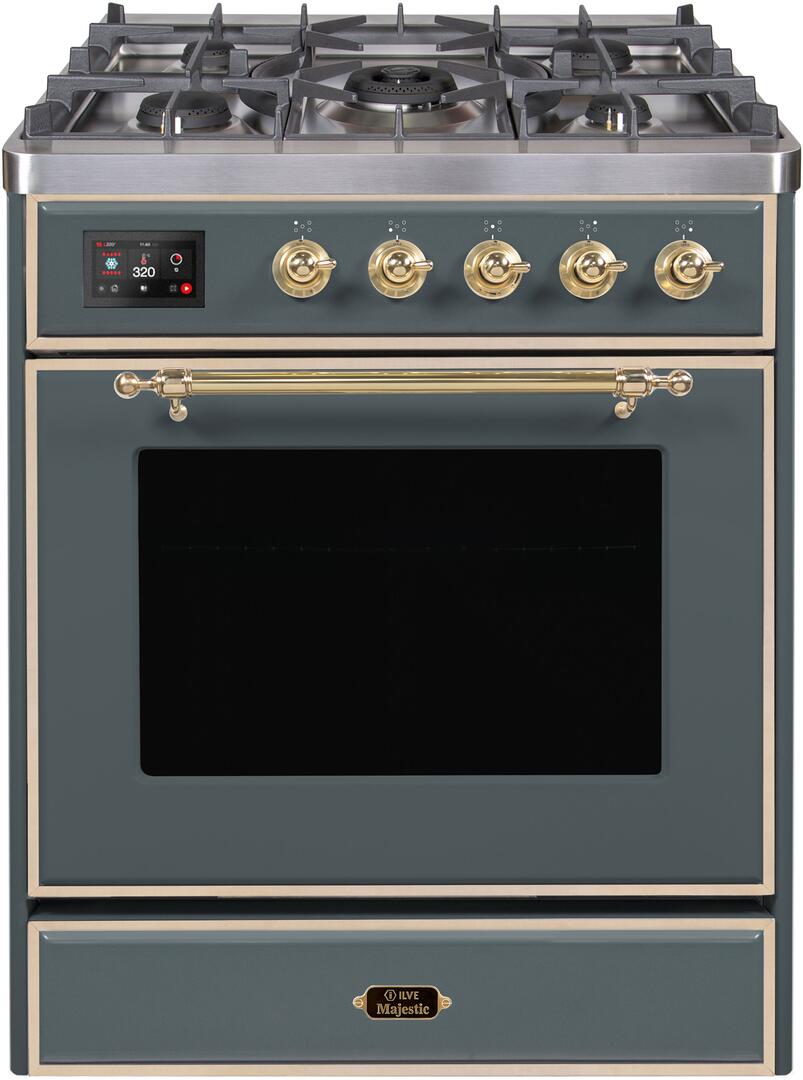 ILVE Majestic II 30" Dual Fuel, Natural Gas Range, Blue Grey, Brass Trim UM30DNE3BGG