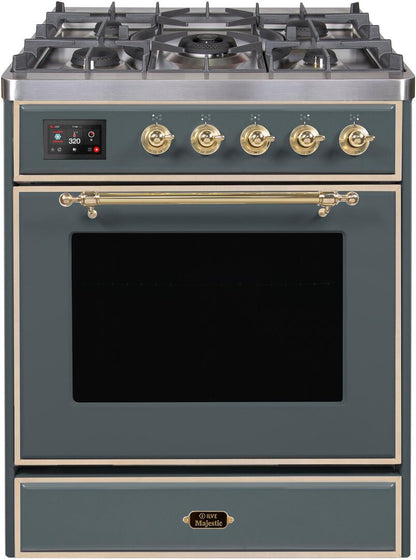 ILVE Majestic II 30" Dual Fuel, Natural Gas Range, Blue Grey, Brass Trim UM30DNE3BGG