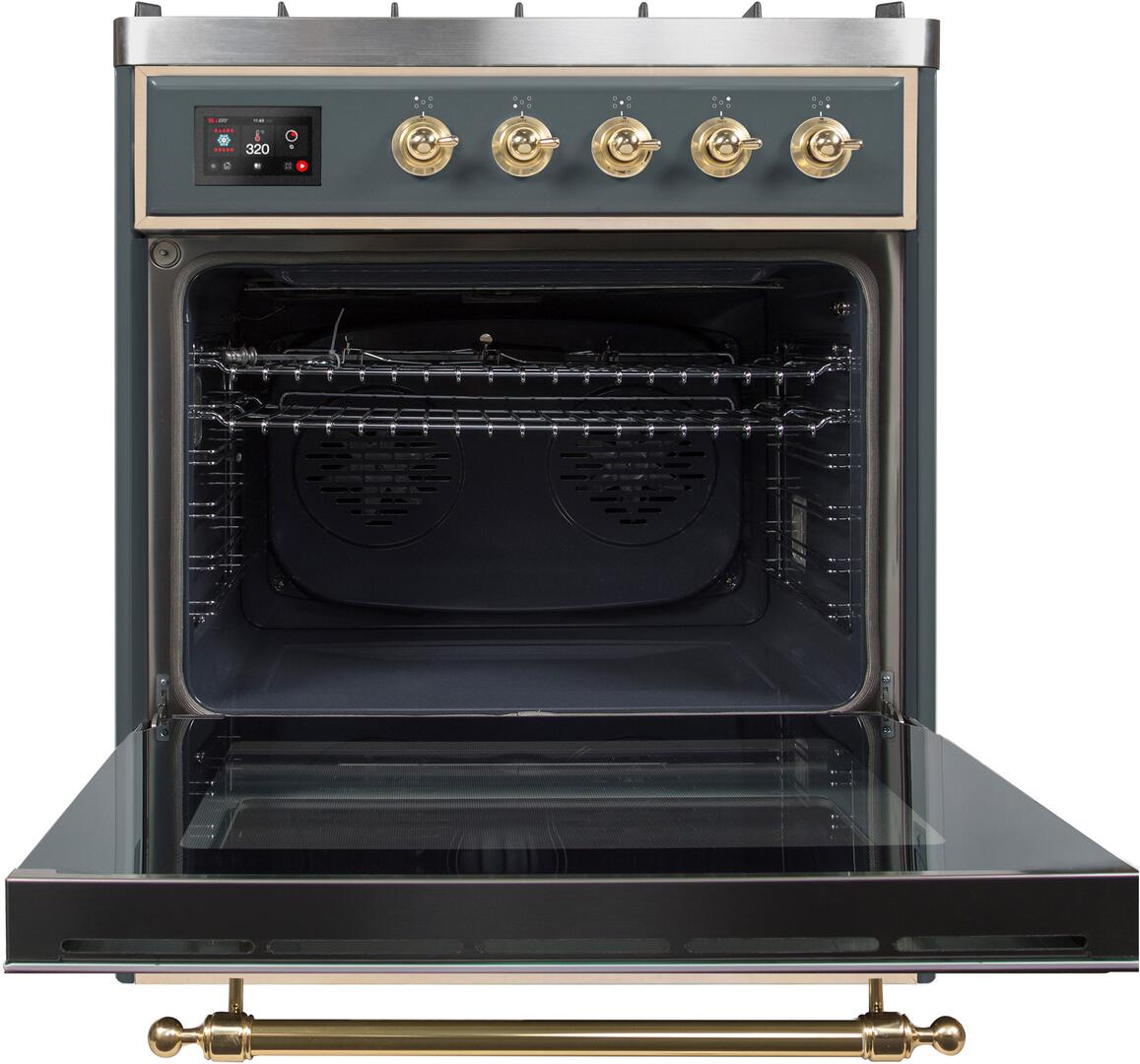 ILVE Majestic II 30" Dual Fuel, Natural Gas Range, Blue Grey, Brass Trim UM30DNE3BGG