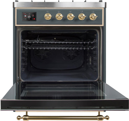 ILVE Majestic II 30" Dual Fuel, Natural Gas Range, Blue Grey, Brass Trim UM30DNE3BGG