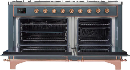 ILVE Majestic II 60 Inch Dual Fuel Natural Gas Freestanding Range, Blue Grey, Copper Trim, UM15FDNS3BGP