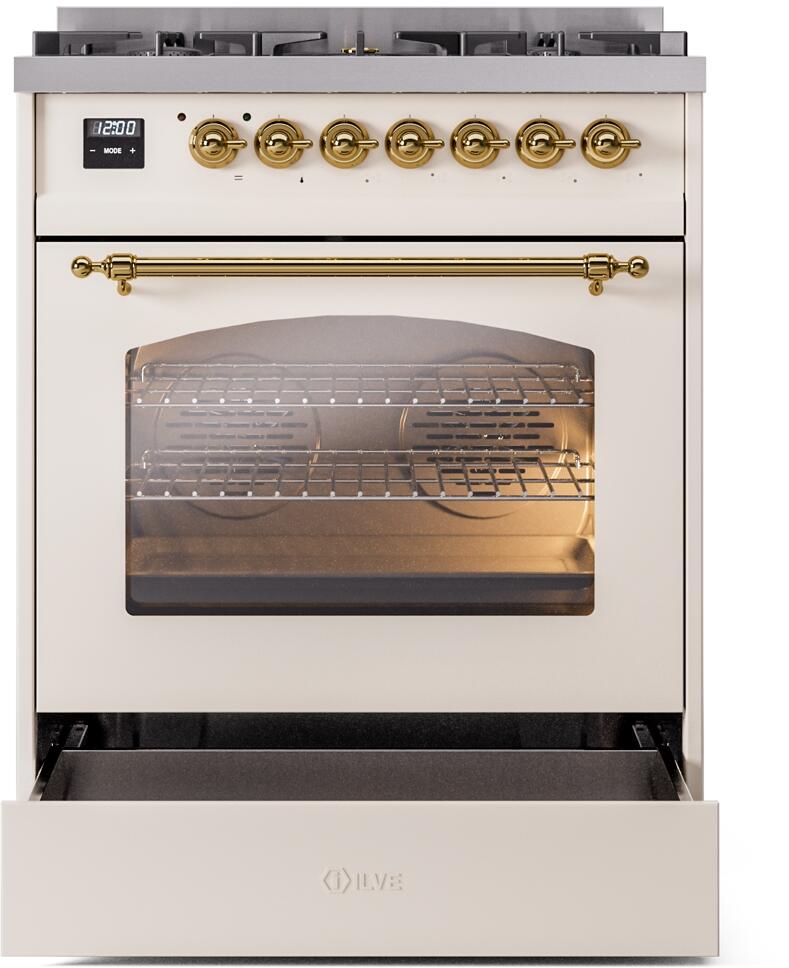 ILVE Nostalgie II 30" Dual Fuel Natural Gas Range, Antique White, Brass Trim UP30NMPAWG