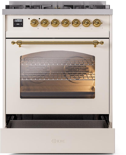 ILVE Nostalgie II 30" Dual Fuel Natural Gas Range, Antique White, Brass Trim UP30NMPAWG