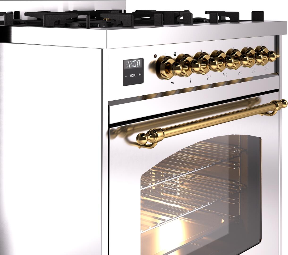 ILVE Nostalgie II 30" Dual Fuel Natural Gas Range, Stainless Steel, Brass Trim UP30NMPSSG