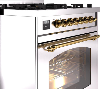ILVE Nostalgie II 30" Dual Fuel Natural Gas Range, Stainless Steel, Brass Trim UP30NMPSSG