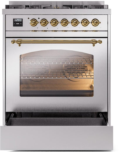 ILVE Nostalgie II 30" Dual Fuel Natural Gas Range, Stainless Steel, Brass Trim UP30NMPSSG