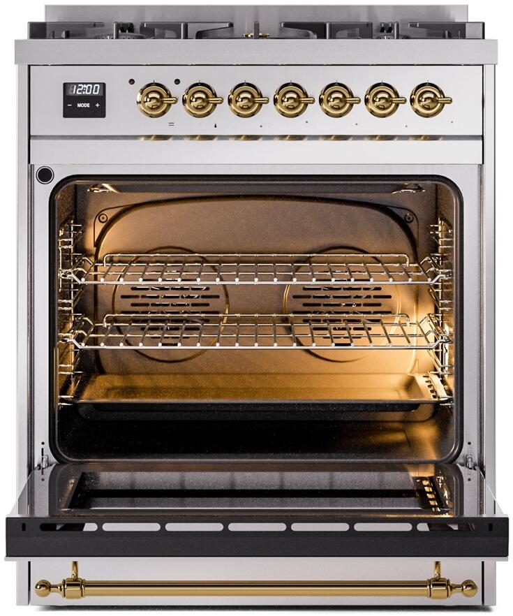 ILVE Nostalgie II 30" Dual Fuel Natural Gas Range, Stainless Steel, Brass Trim UP30NMPSSG