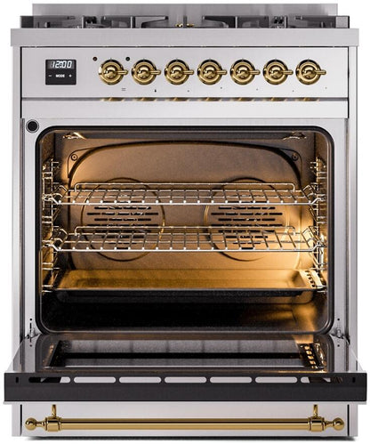ILVE Nostalgie II 30" Dual Fuel Natural Gas Range, Stainless Steel, Brass Trim UP30NMPSSG